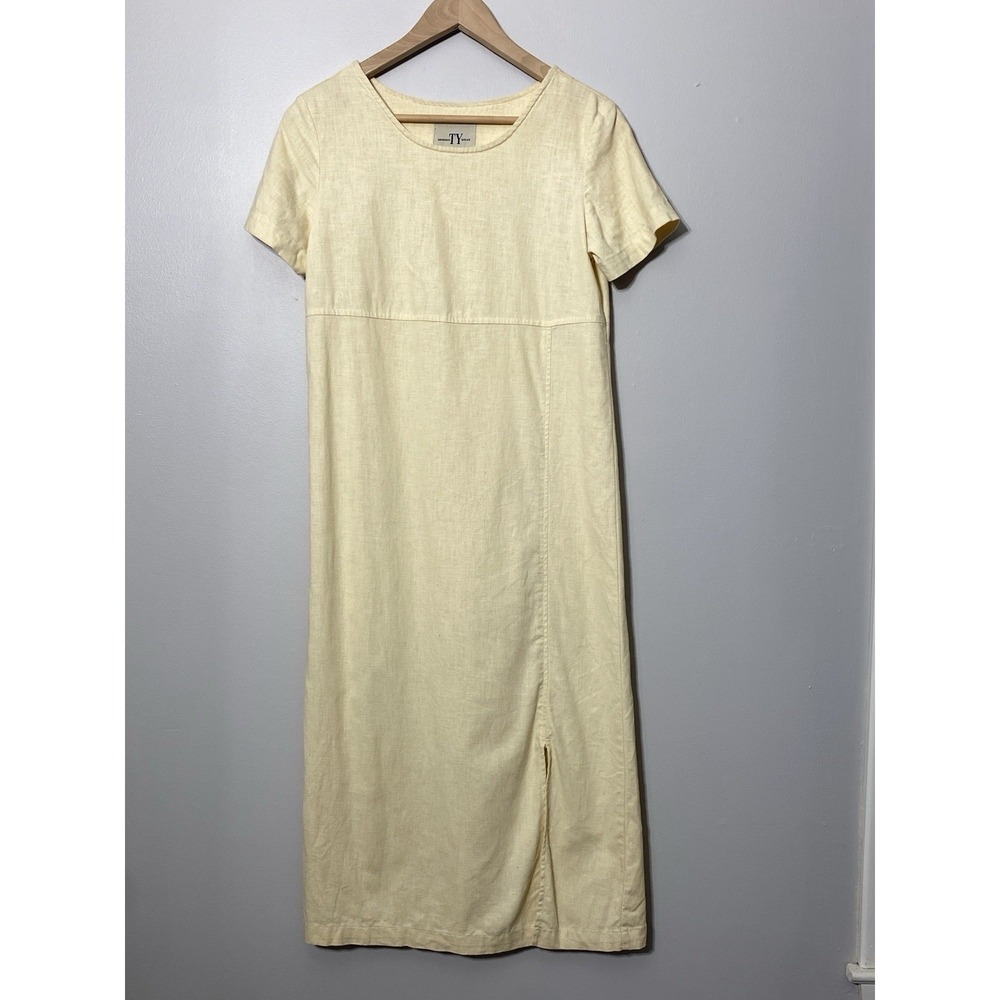 Womens Linen Blend Modest Maxi Dress Sz S Butter Yellow Vtg Lagenlook Minimalist